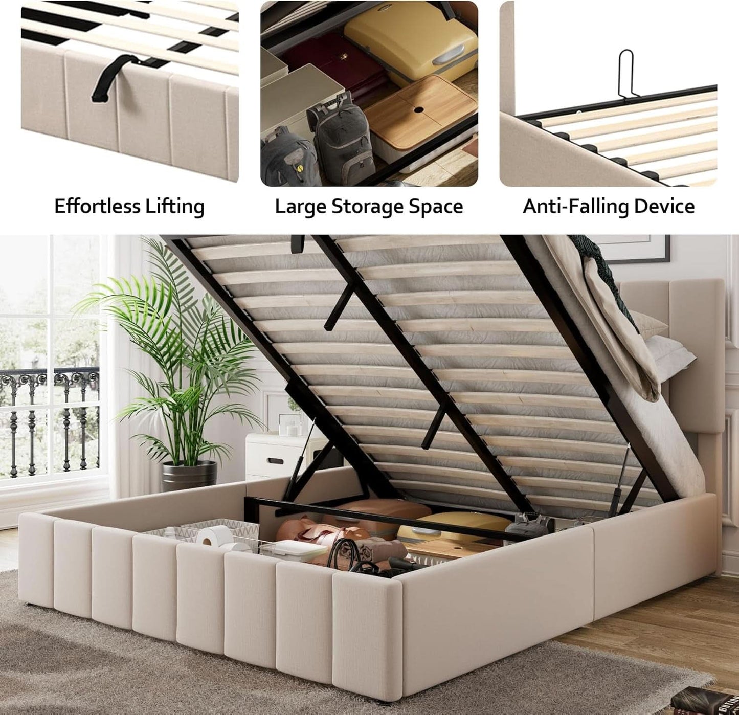 Gas Lift Storage Platform Bedframe Queen Upholstered