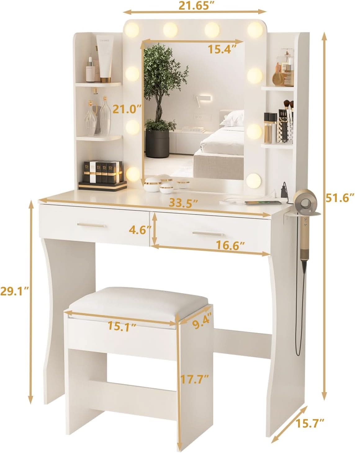 Vanity Desk White Ceramic Finishes LED Illumination