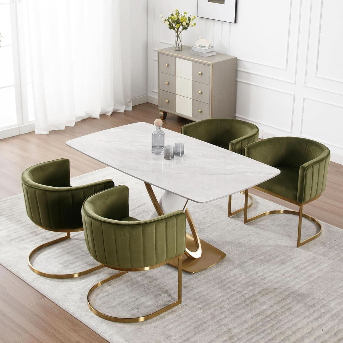 Velvet Green Upholstered Dining Chairs Armrests Set