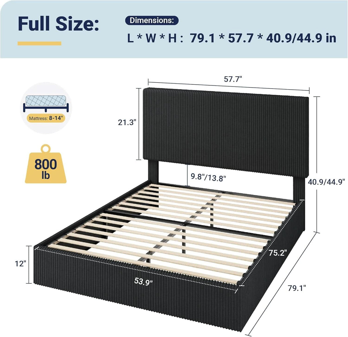 Full Upholstered Platform Bed Frame Corduroy Black