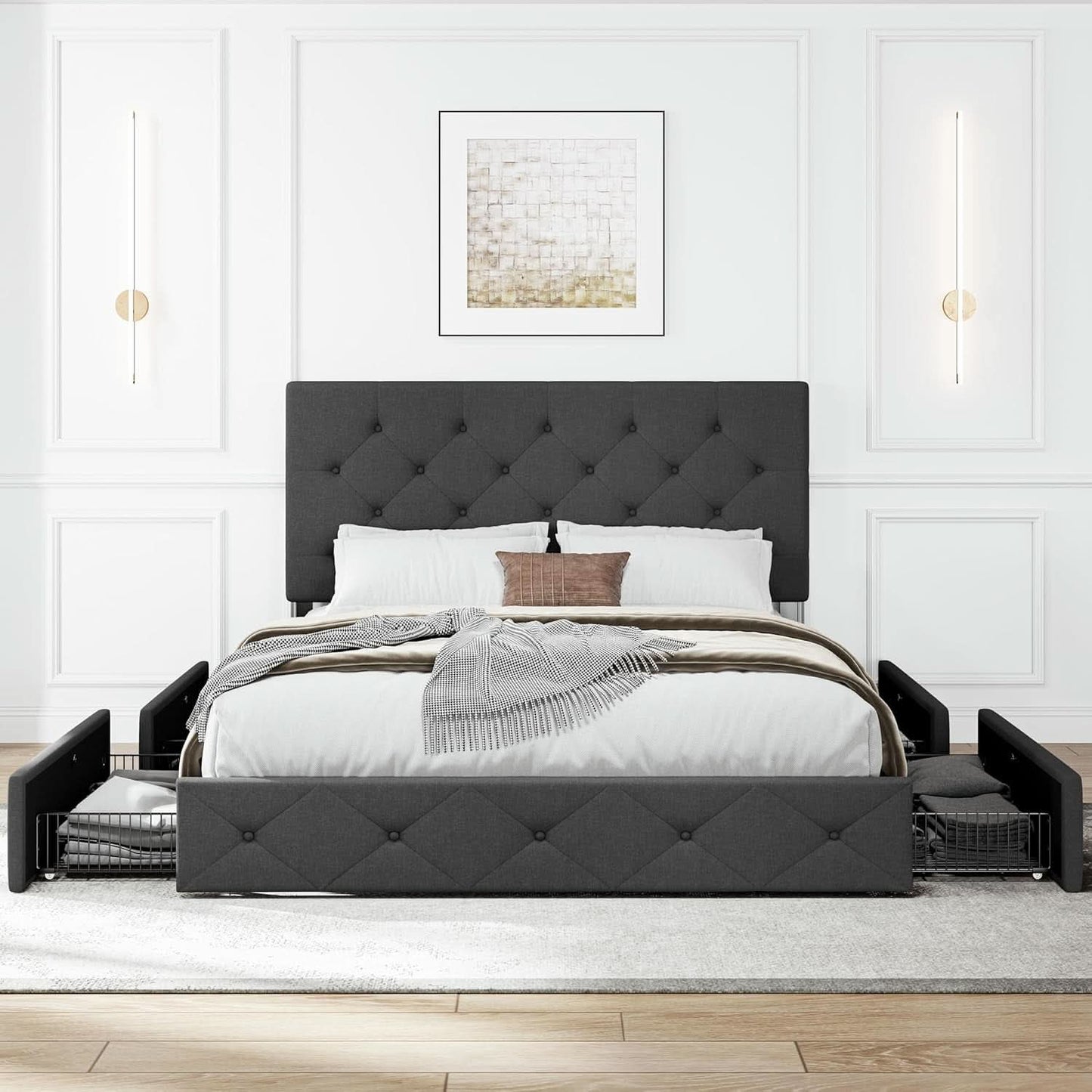 Upholstered Queen Platform Bed With Storage Drawers