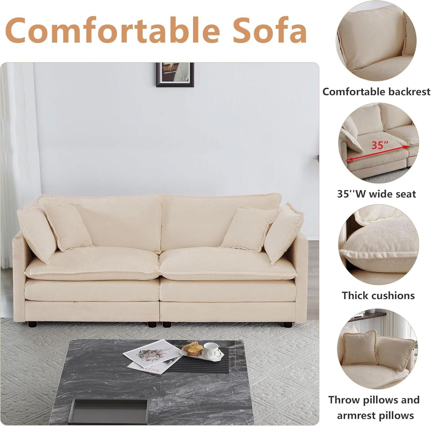 Chenille 76 Inch Loveseat Sofa Light Coffee Armrest Pillows-2