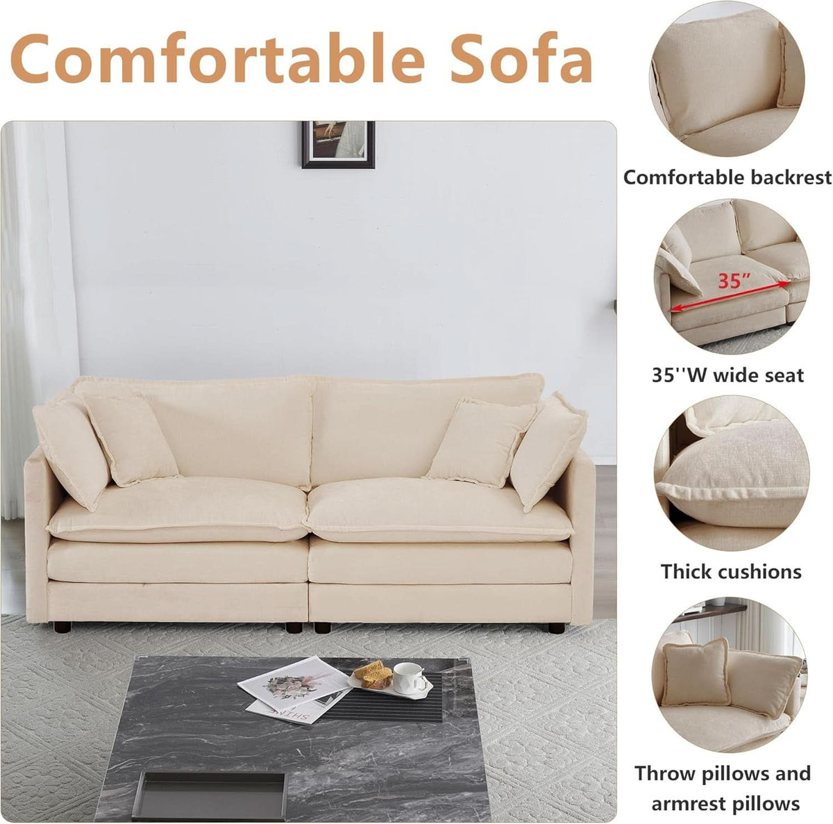 Chenille 76 Inch Loveseat Sofa Light Coffee Armrest Pillows-2