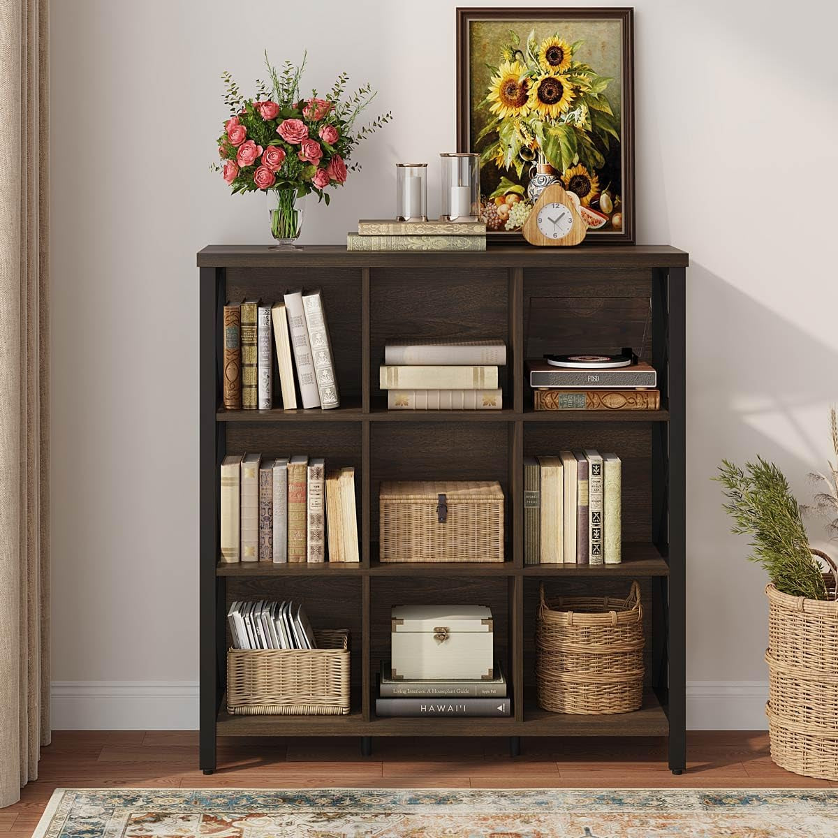 9Cube Farmhouse Bookcase Dark Walnut Wood Storage