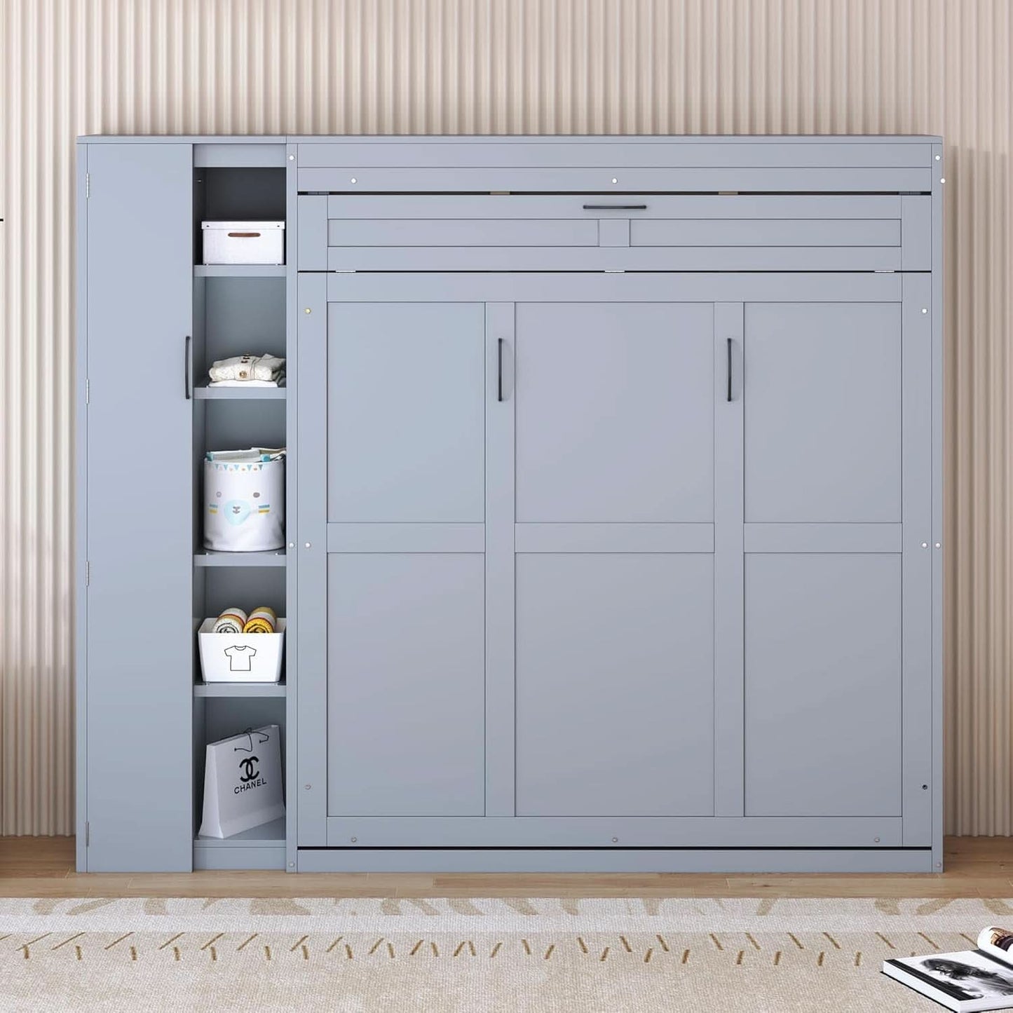 Gray Queen Murphy Bed Featuring Integrated Shelving-1