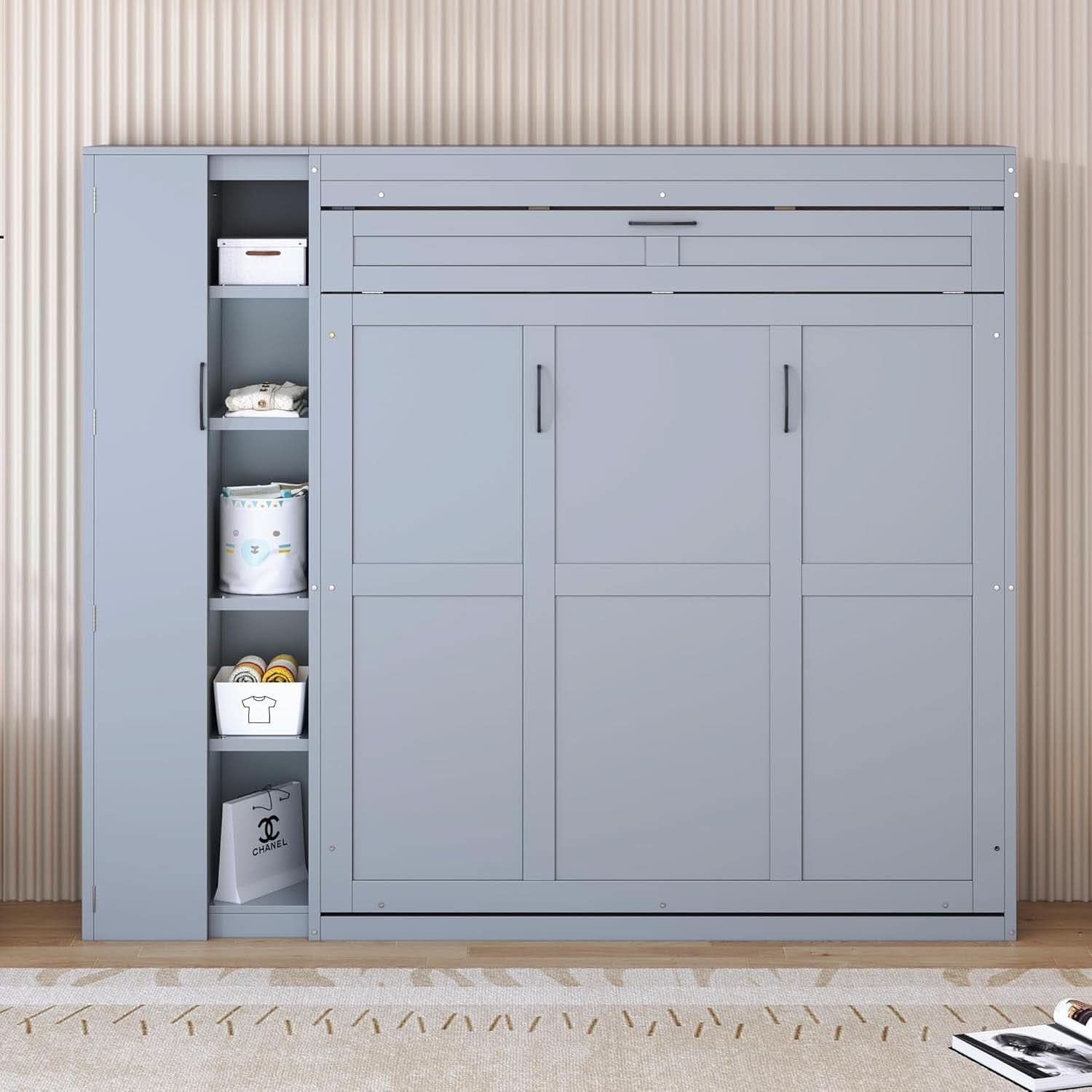 Gray Queen Murphy Bed Featuring Integrated Shelving-1