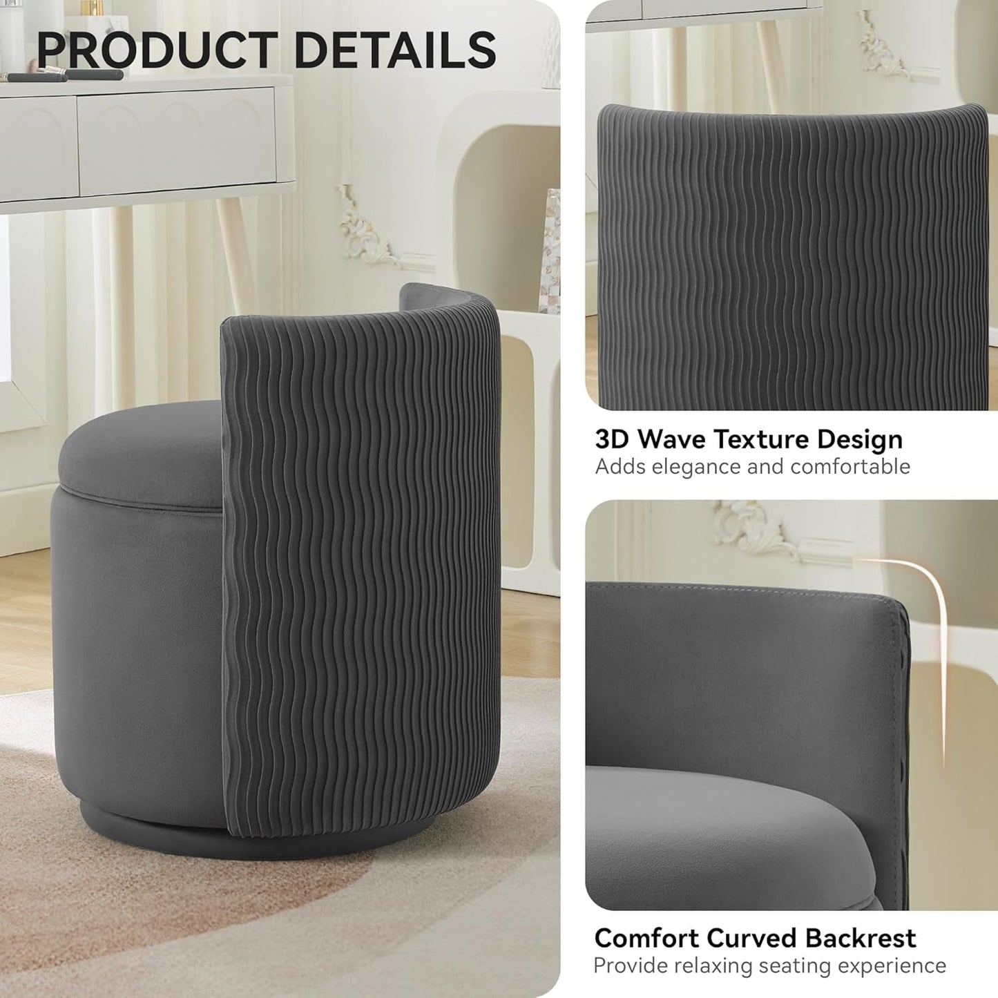 Charcoal Gray Velvet Vanity Chair Swivel Mechanism