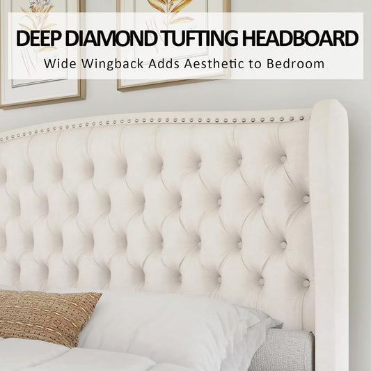 Queen Cream Velvet Upholstered Platform Bed Headboard