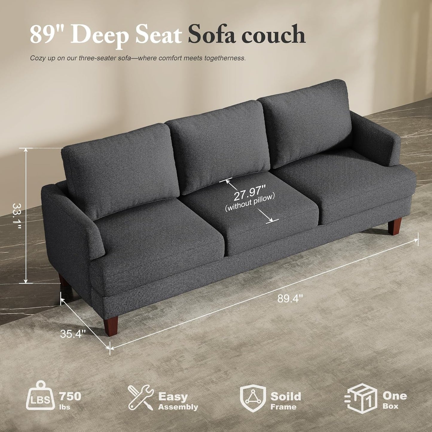 89 Inch Three Seater Upholstered Sofa Dark Grey Living Room-1