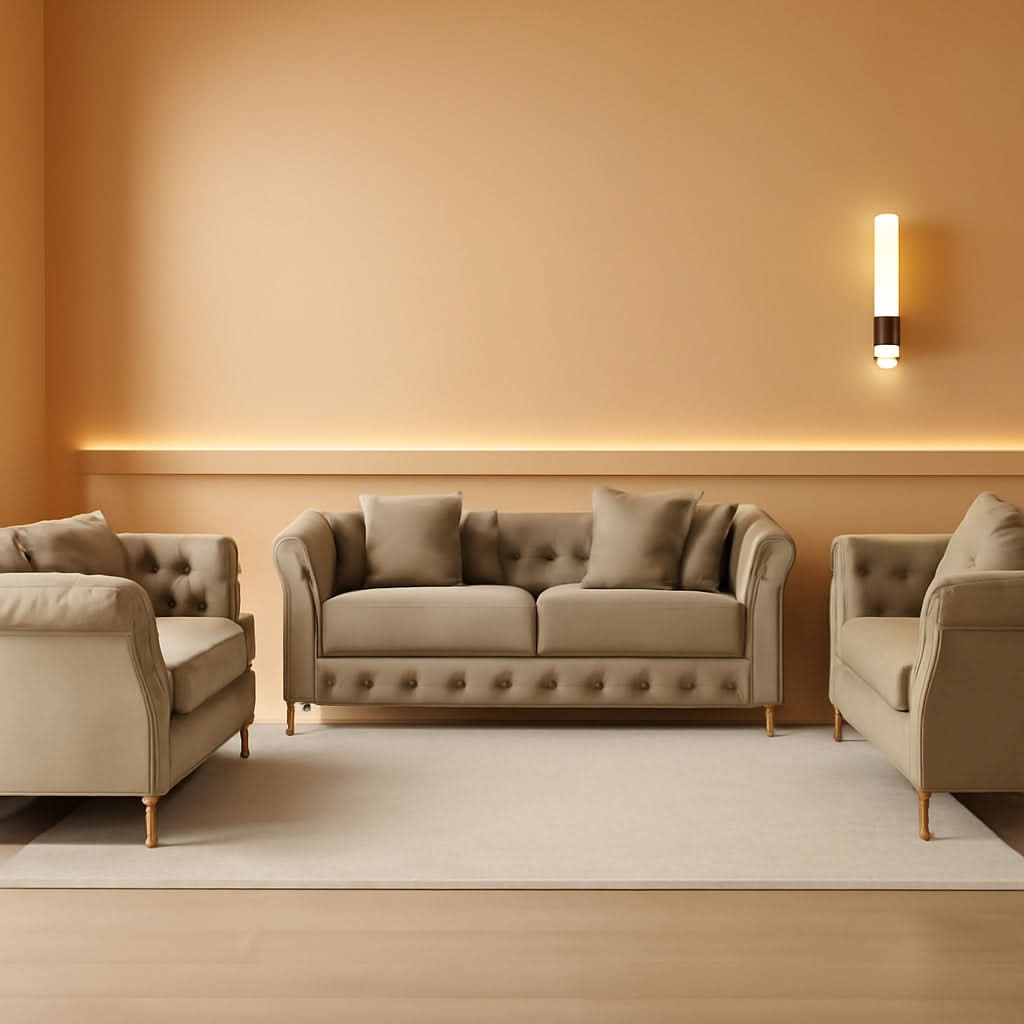 Three Piece Living Room Set Mid Century Sofa Armchair Loveseat Beige With Button Tufting And Nailhead Trim