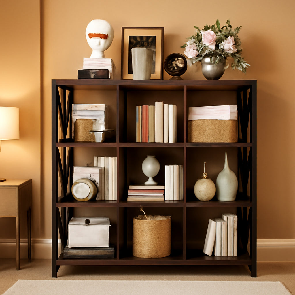 9Cube Farmhouse Bookcase Dark Walnut Wood Storage