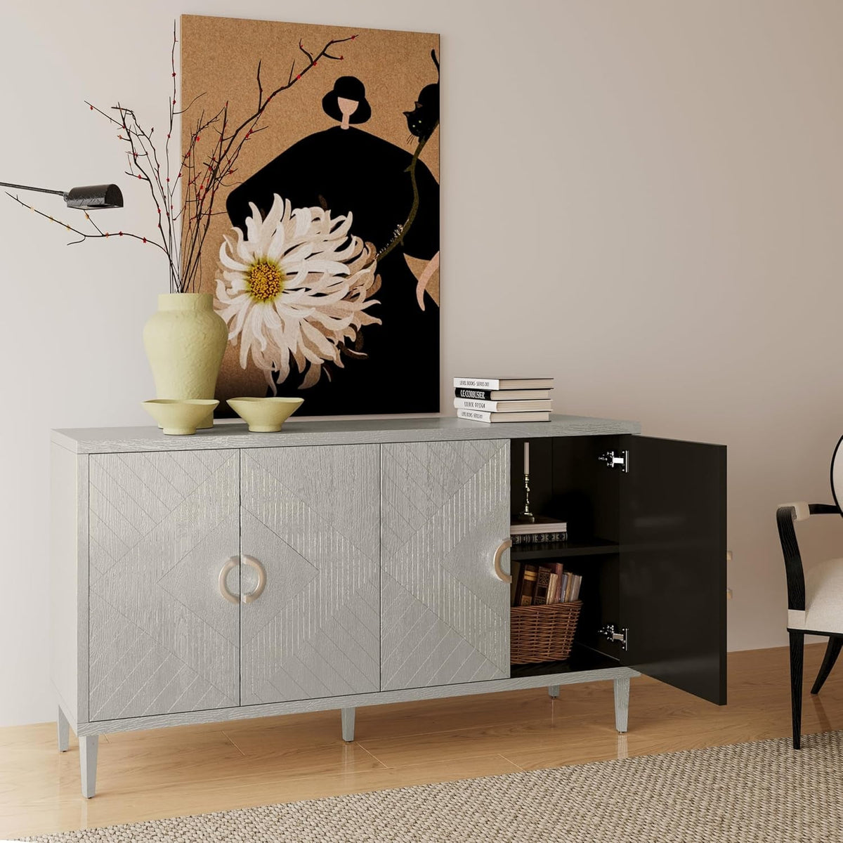 Contemporary 60 Inch Silver Sideboard Buffet Cabinet