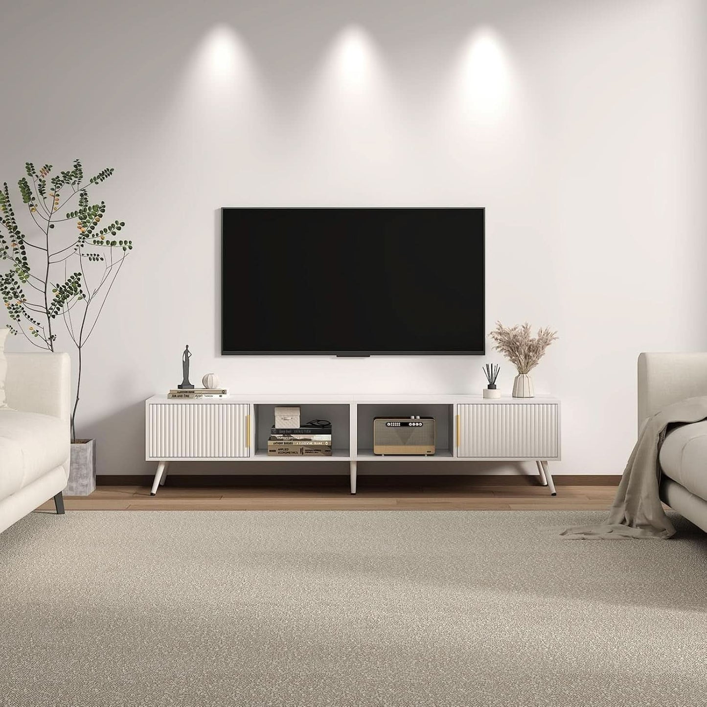 White Fluted TV Stand With Integrated Storage Cabinet