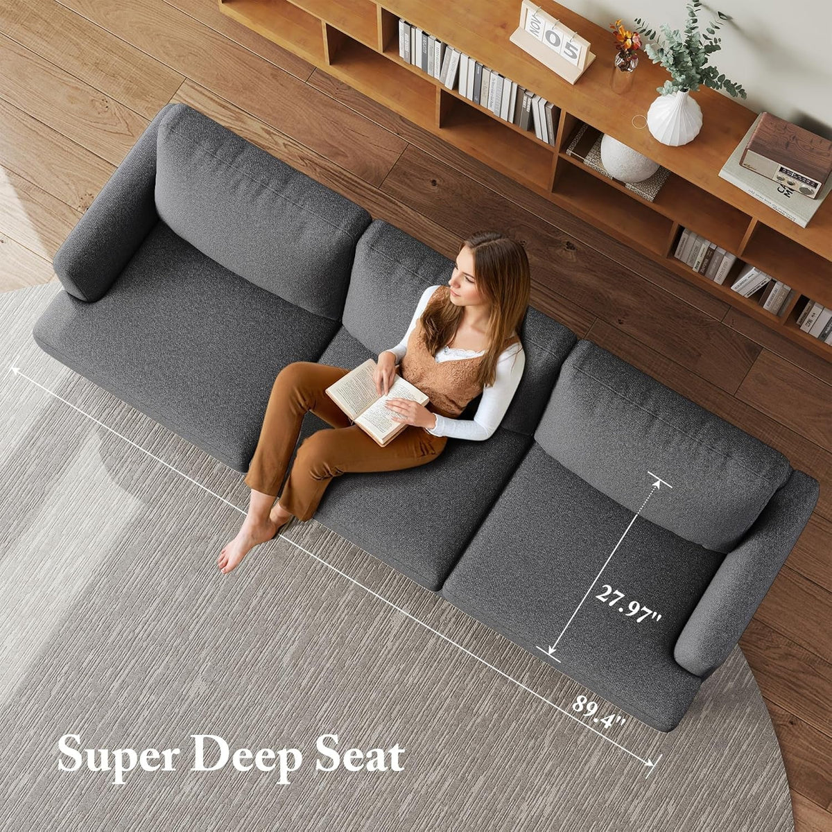 89 Inch Three Seater Upholstered Sofa Dark Grey Living Room-3