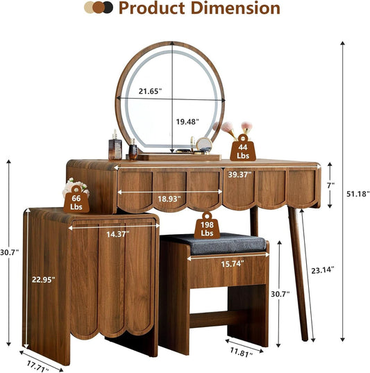 Walnut Vanity Desk Mirror With Integrated Lighting