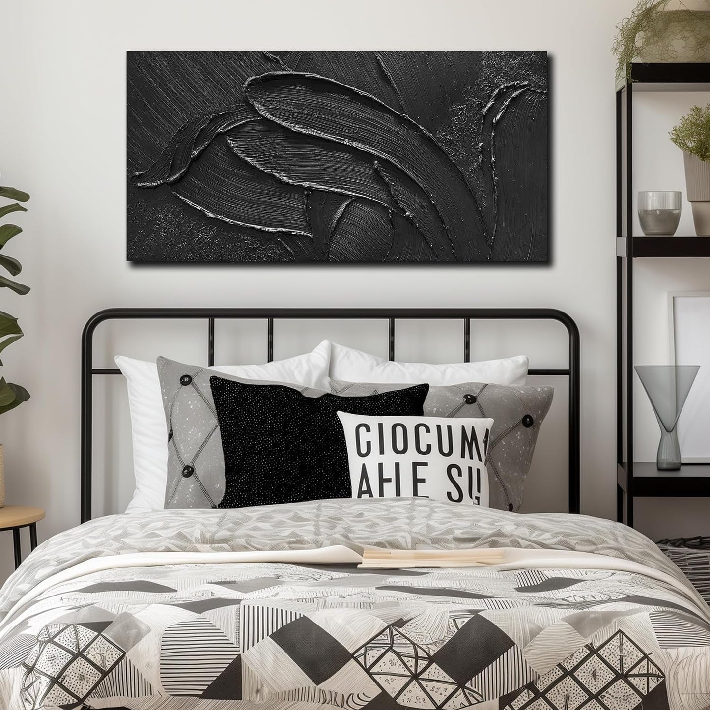 Midnight Black Handcrafted Abstract Canvas Painting 20x40