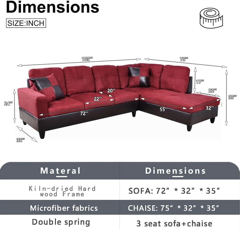 2 Piece Sectional Sofa Set L Shape Microfiber With Chaise Red Right Hand Facing Living Room-1