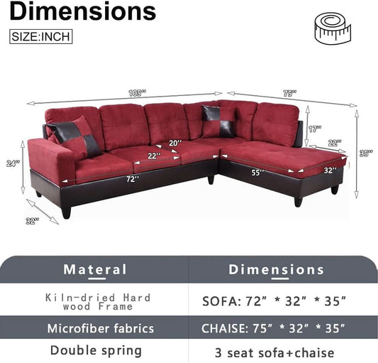 2 Piece Sectional Sofa Set L Shape Microfiber With Chaise Red Right Hand Facing Living Room-1