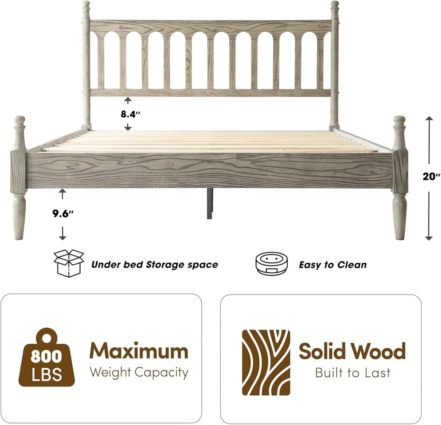 Queen Platform Bed Frame Solid Wood Weathered GrayOak