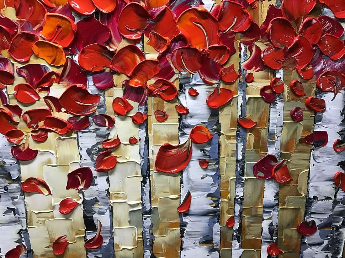 Red Birch Trees Wall Art 24x48 Inches Hand Painted Oil On Canvas