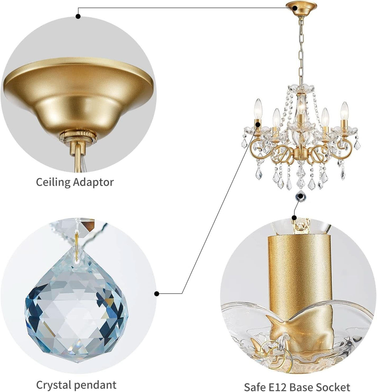 Gold Mini Crystal Chandelier With Five Bulbs Living Room-2