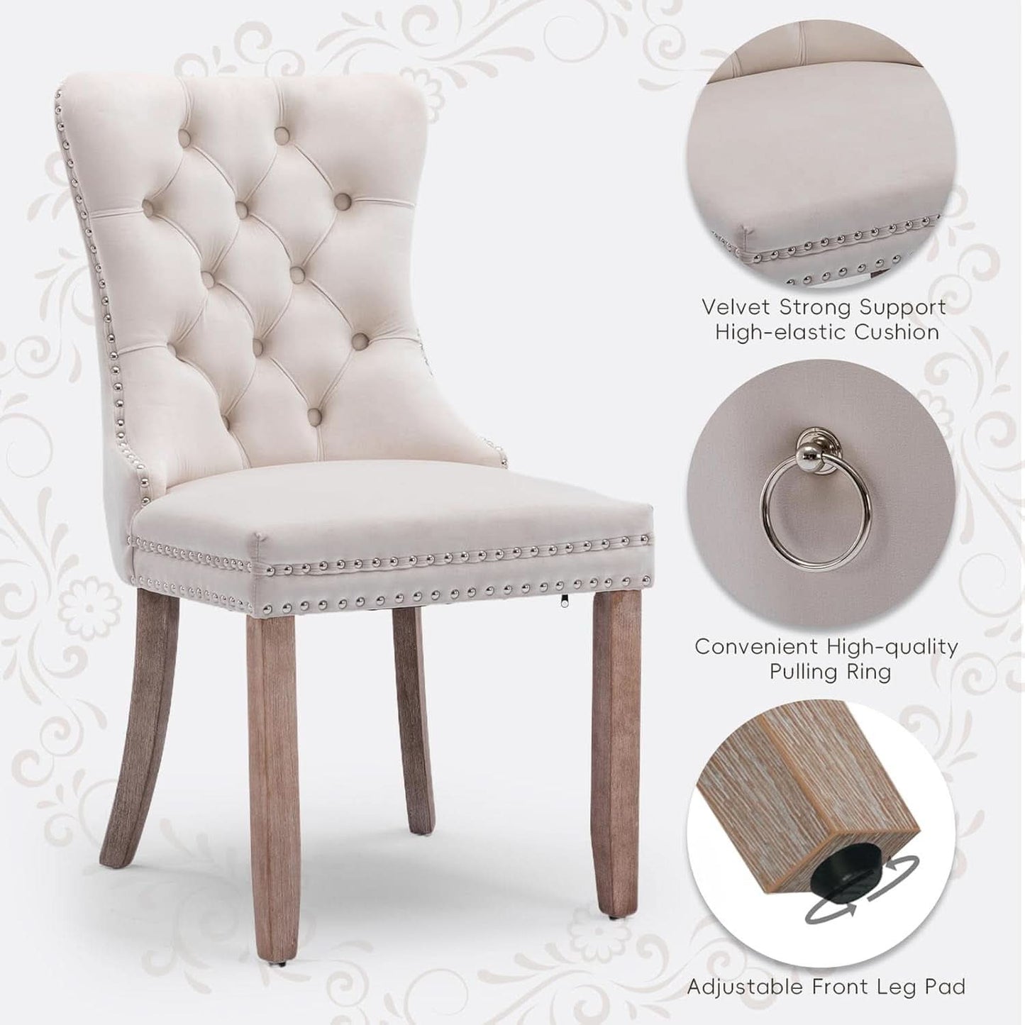 Velvet Dining Chairs Beige Nailhead Trim Set Of Four