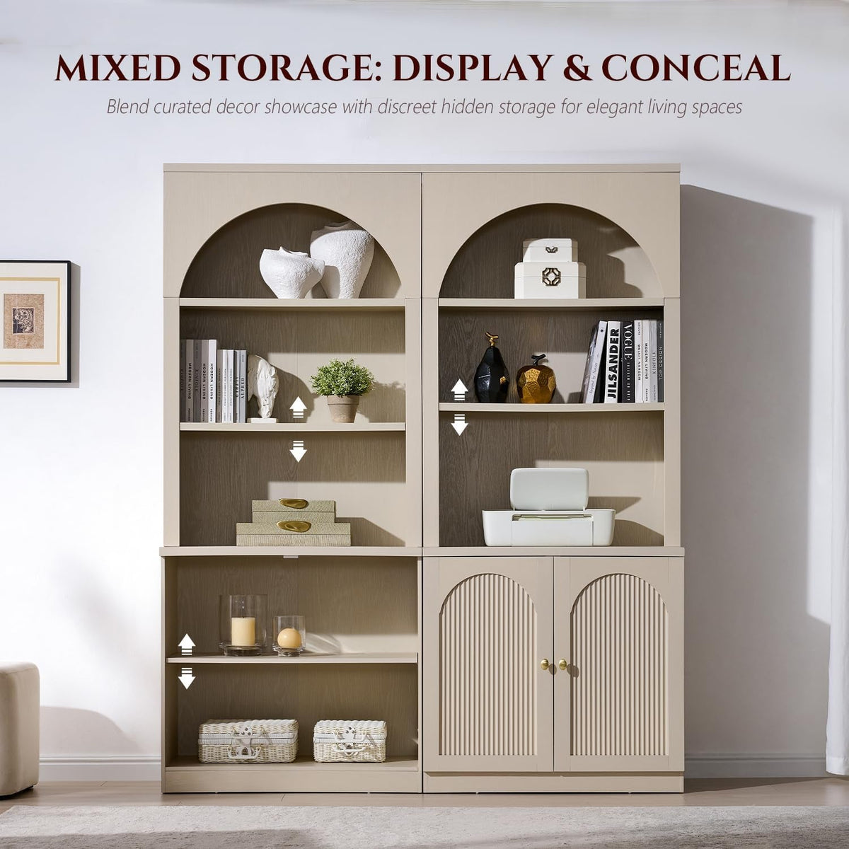 Cream Arched Fluted Bookcase With Adjustable Shelving-2