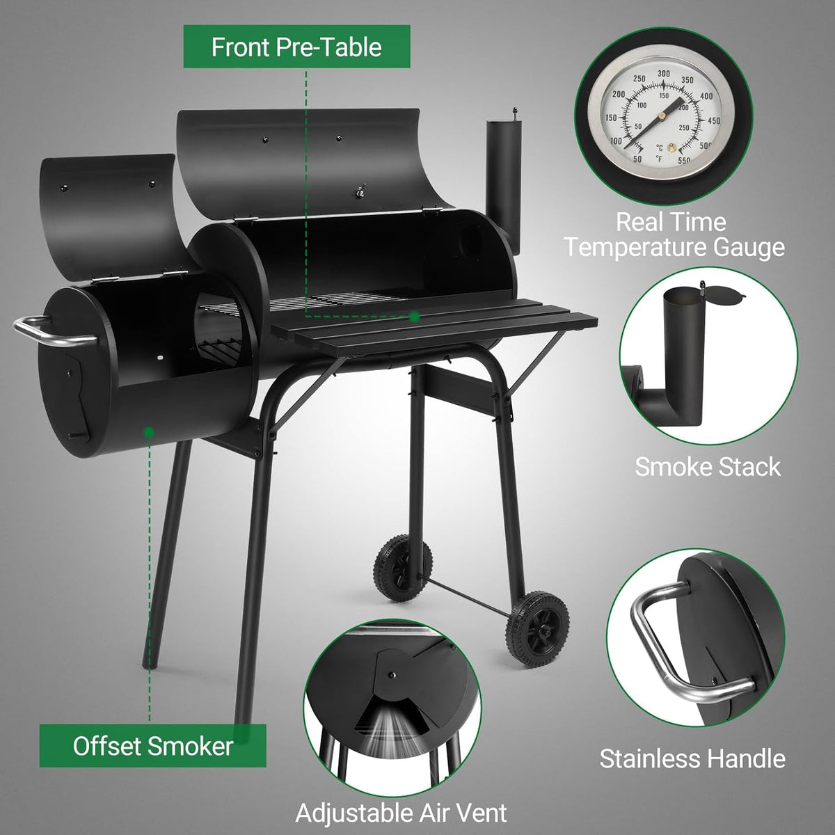 Industrial Black Charcoal Grill Integrated Offset Smoker
