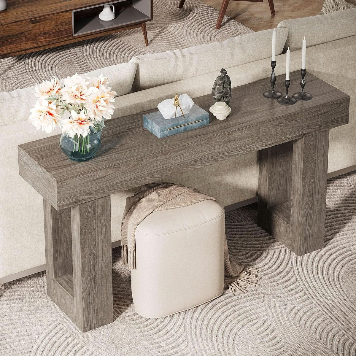 63 Inch Long Console Table Grey Wood Farmhouse Sofa Table