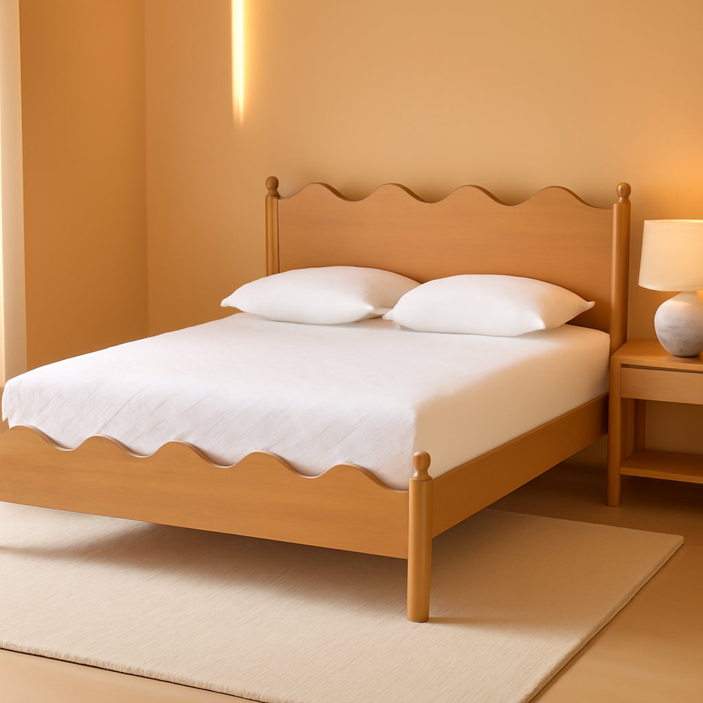 Queen Platform Bed Oak Brown Contemporary Scalloped