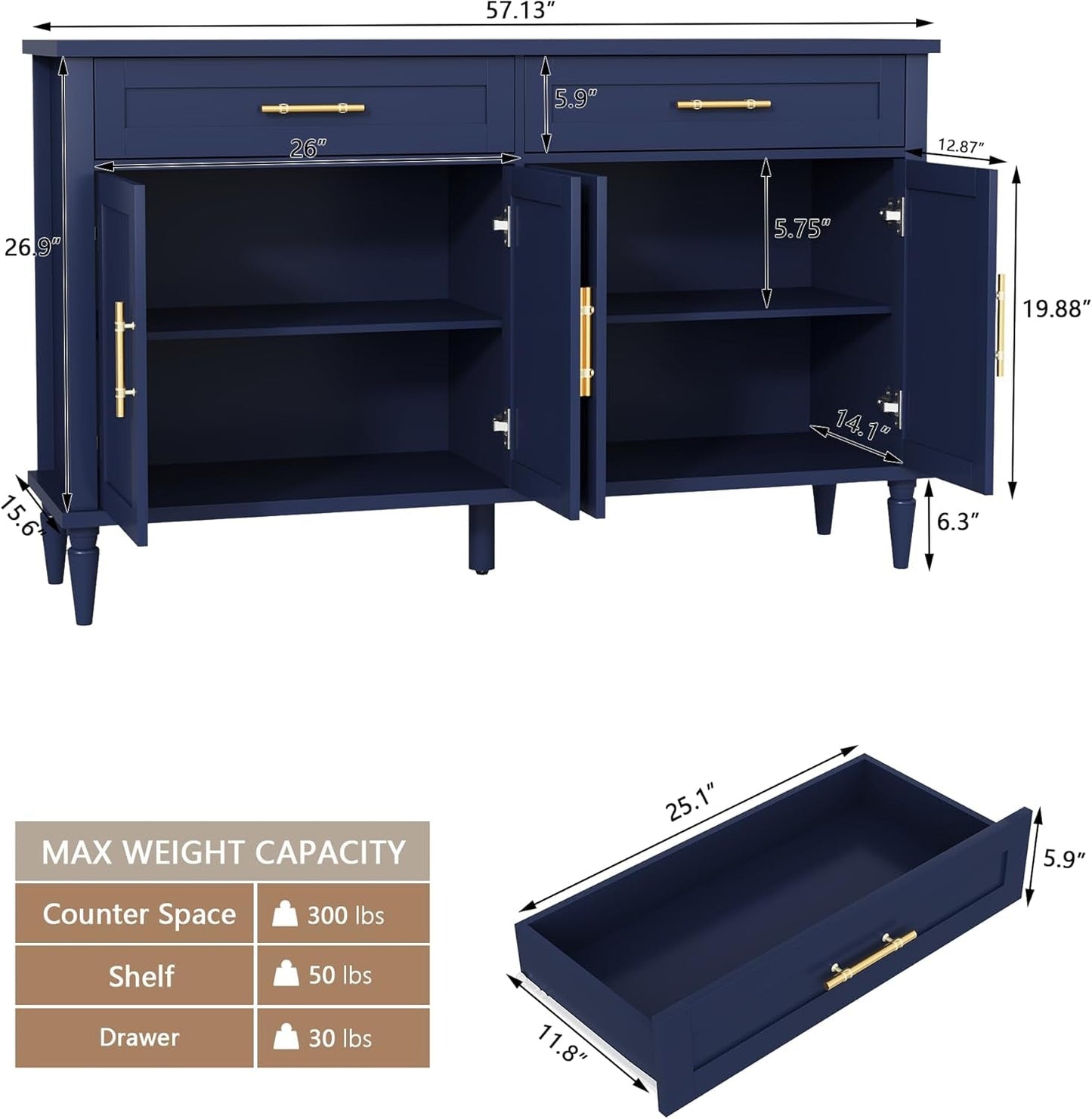 Contemporary Blue Fluted Sideboard Buffet Cabinet Storage