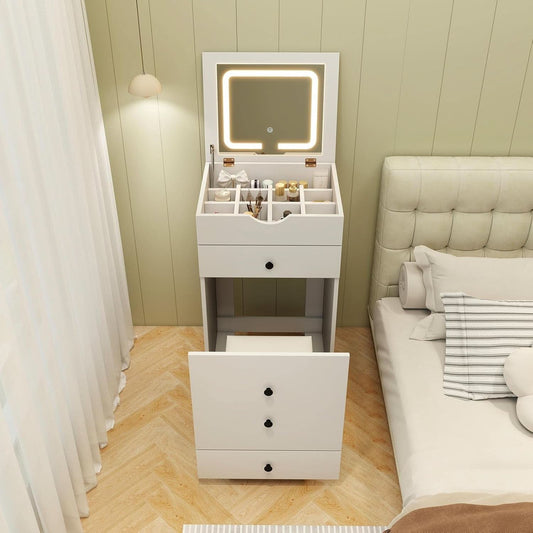 Small White Vanity Desk Illuminated Mirror Storage