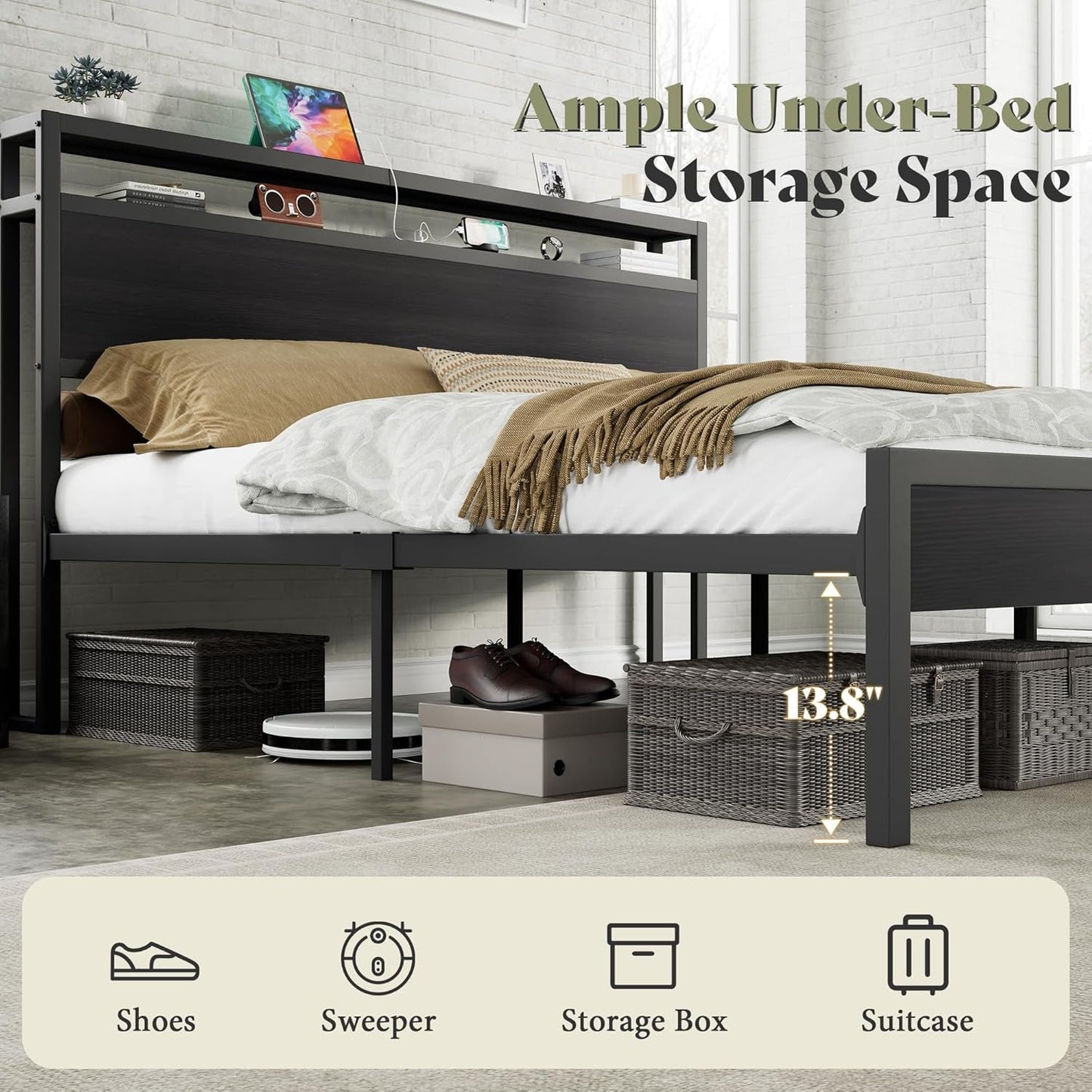 Full Standard Size Bed Frame With Storage Headboard