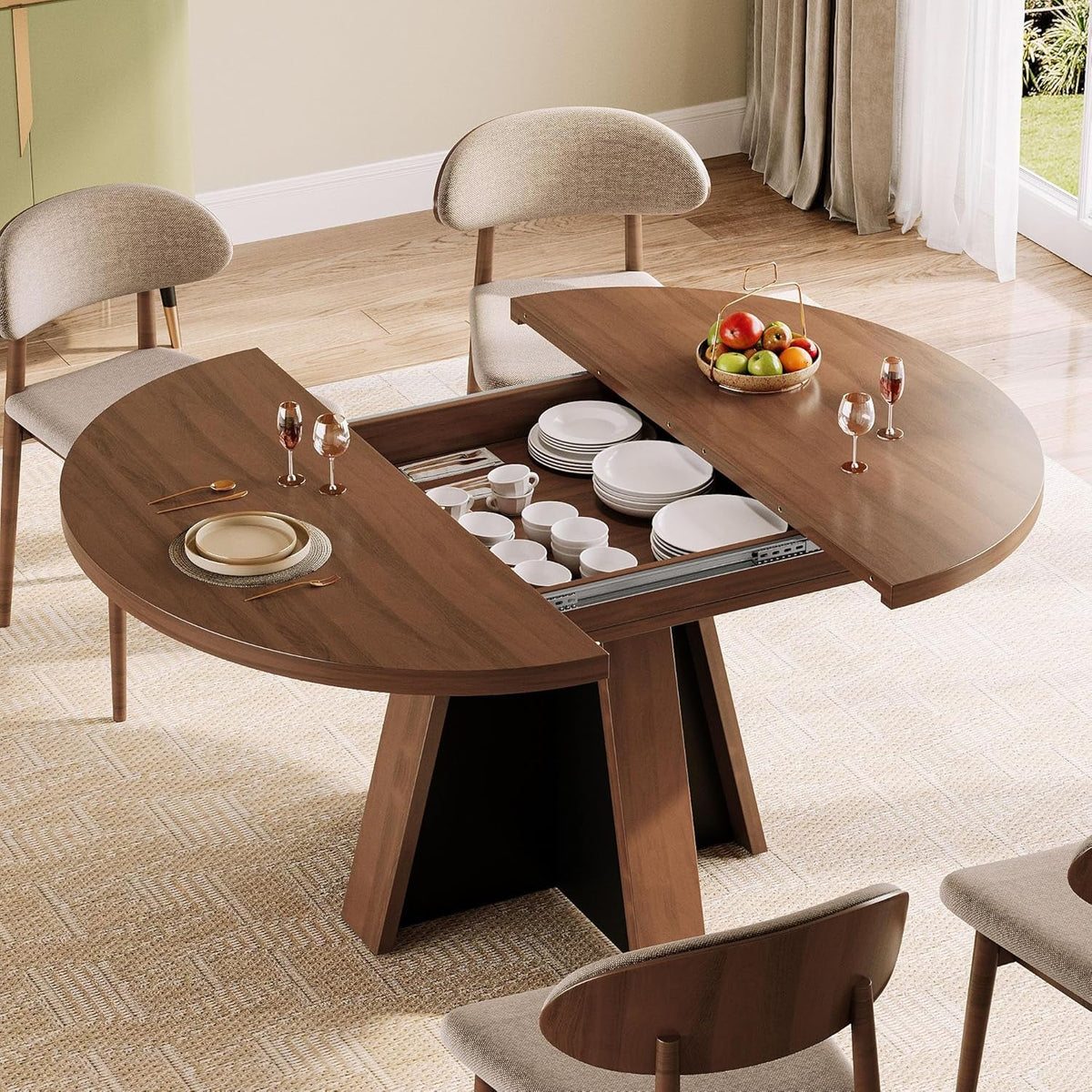 Extendable Round Dining Table Walnut Brown Finish
