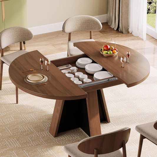 Extendable Round Dining Table Walnut Brown Finish