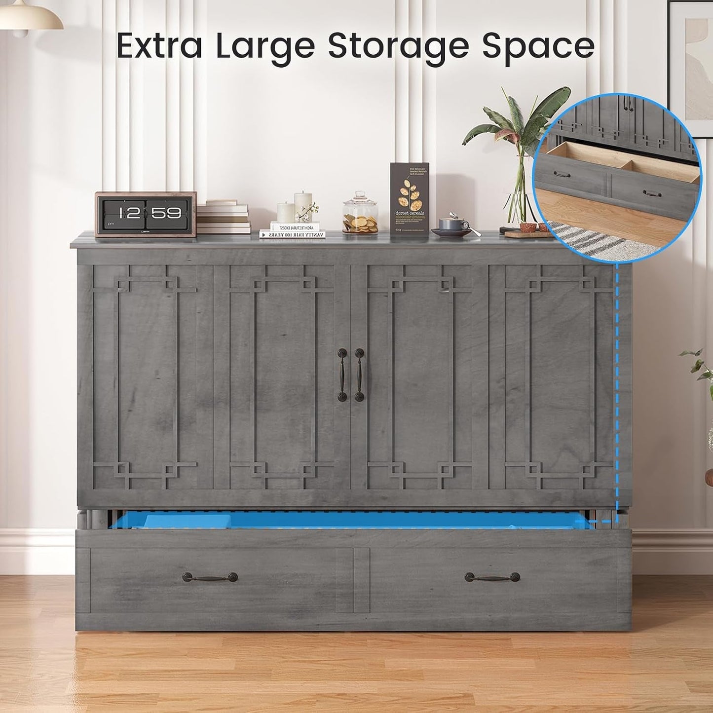Queen Murphy Cabinet Bed With Hidden Storage Drawer-4