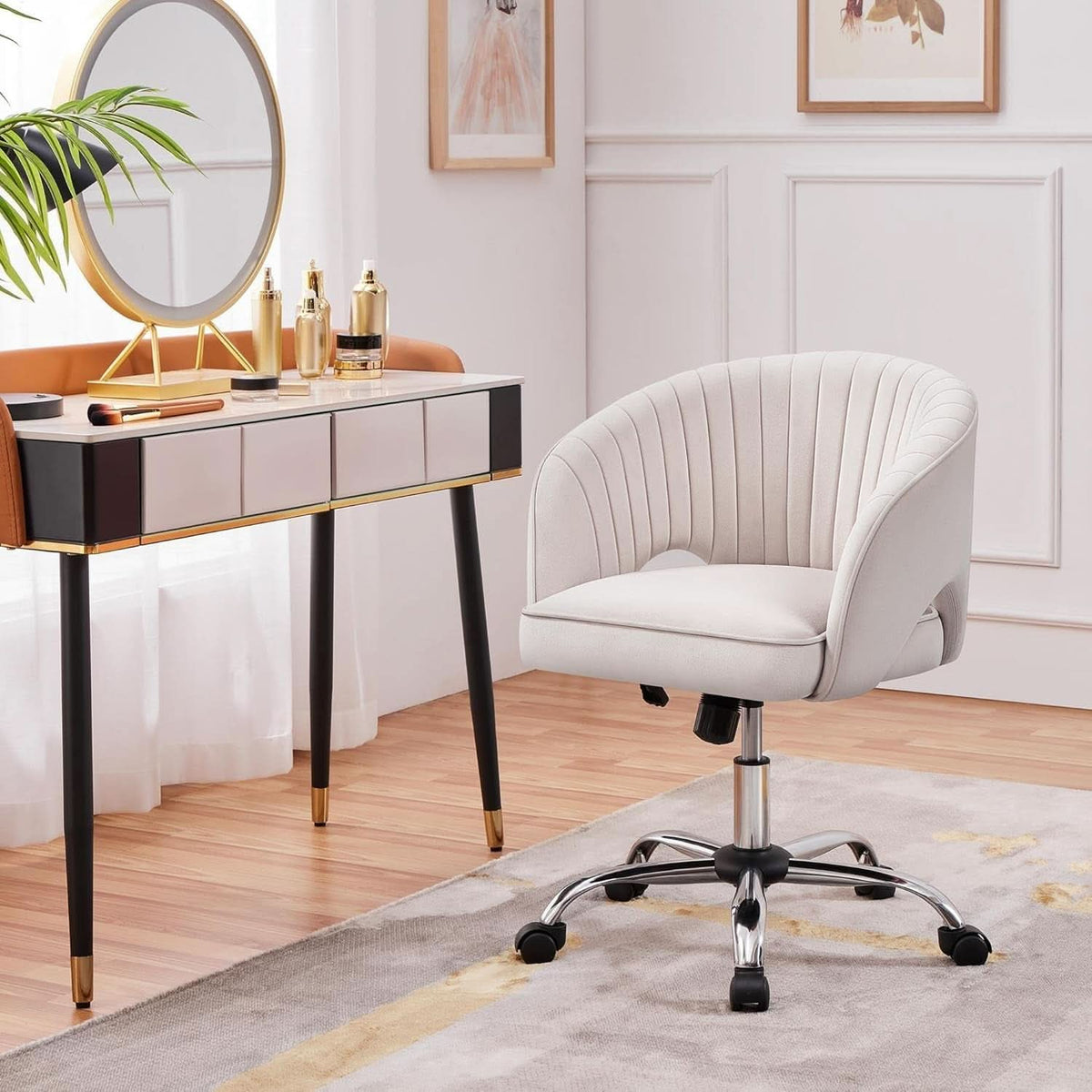 Cream Velvet Swivel Desk Chair With Wheels Tufted Back
