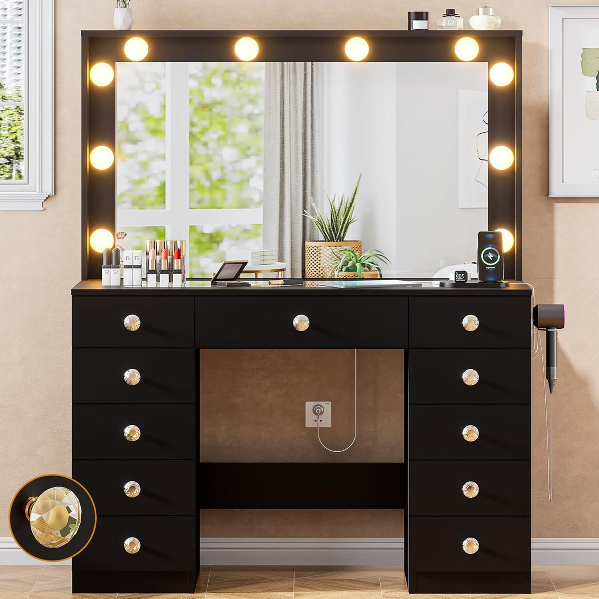 42-Inch Vanity Table Featuring Ultra LED Lighting Black