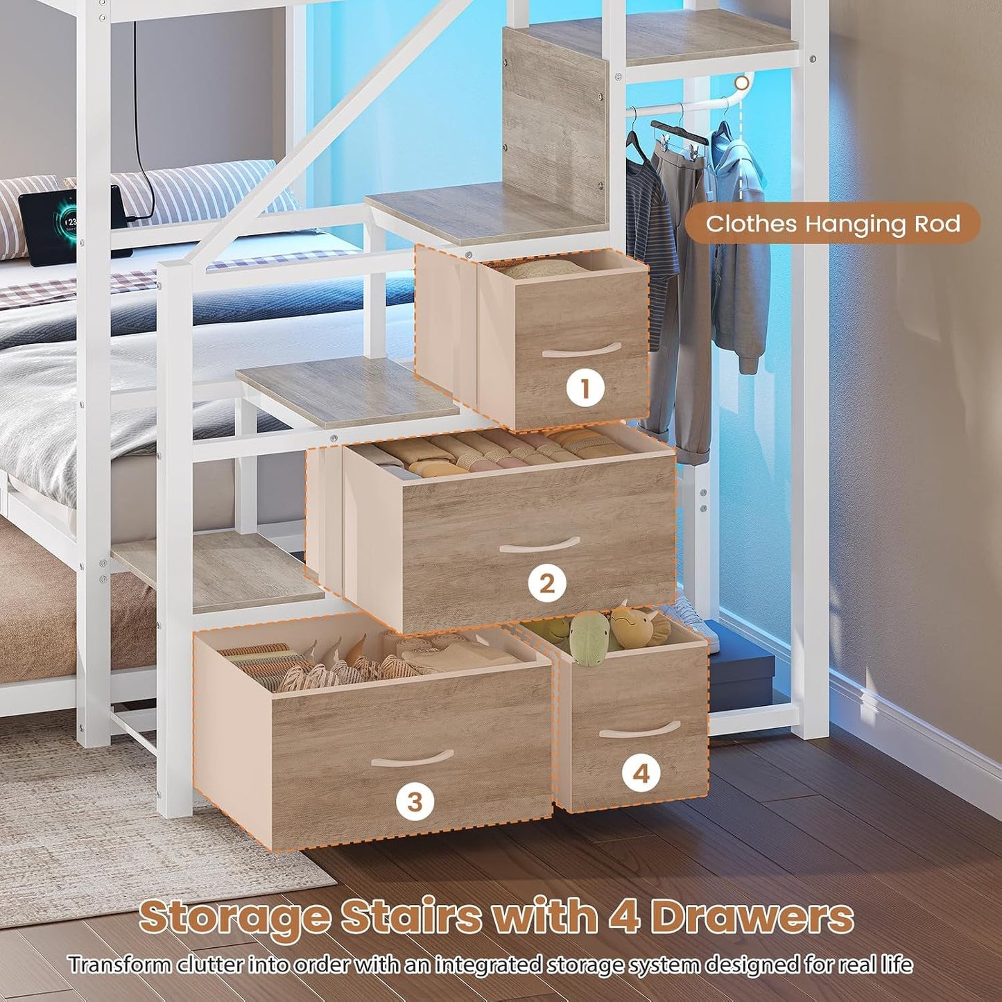 White Twin Over Twin Metal Bunk Bed Frame Trundle