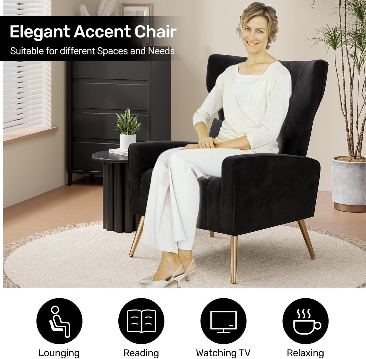 Black Velvet Wingback Chair Upholstered With Pillow