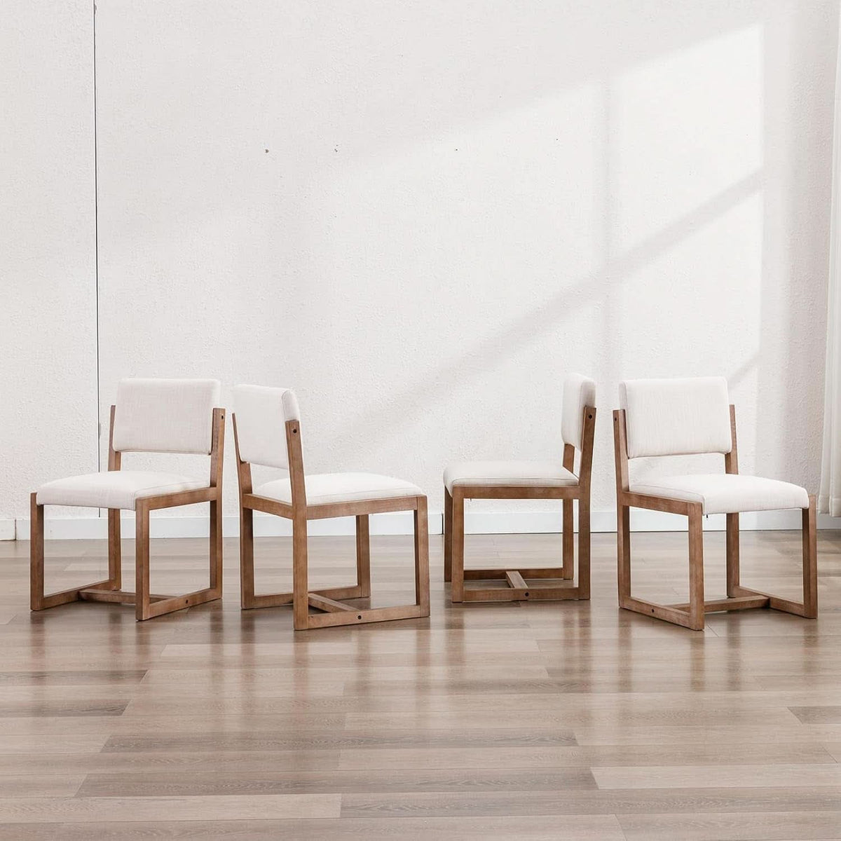 Beige Linen Upholstered Dining Chairs Midcentury Pair