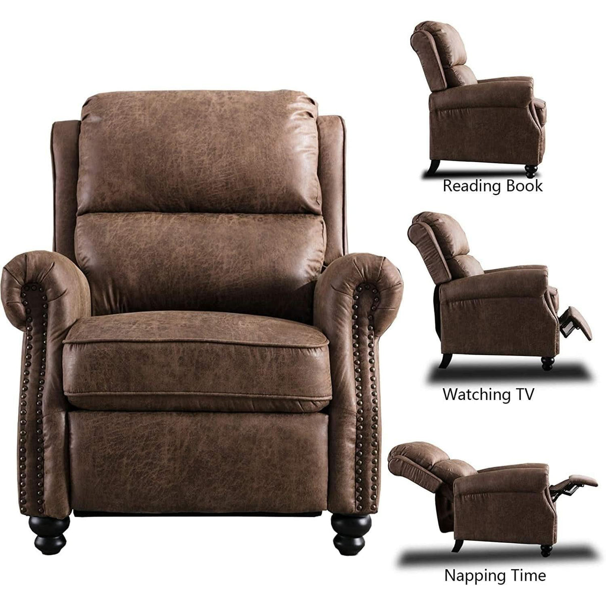 Pushback Recliner Chair Leather Rivet Decoration Chocolate