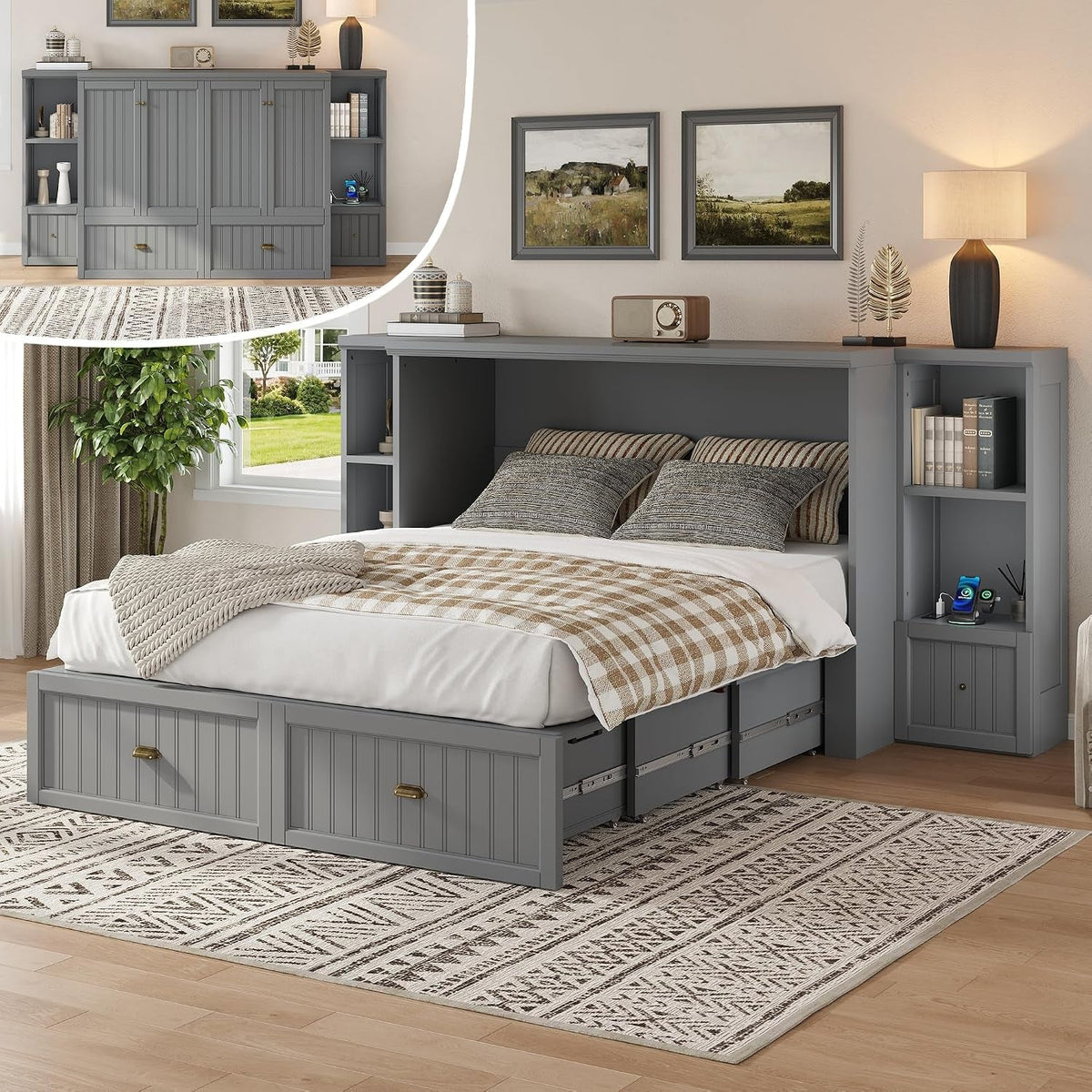 Spacious Murphy Bed With Generous Night stands Grey