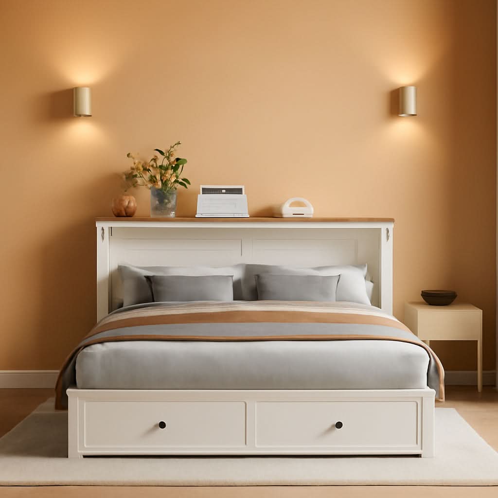 White Contemporary Murphy Bed With USB Double Drawers-0