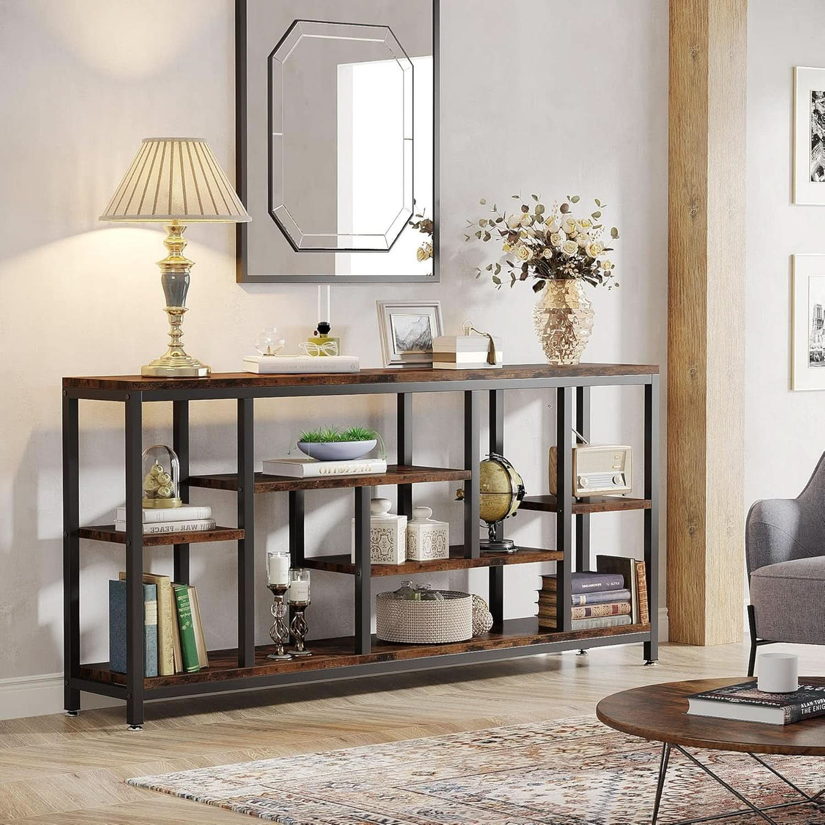 Brown Console Sofa Table 70.9Inch Industrial Finish