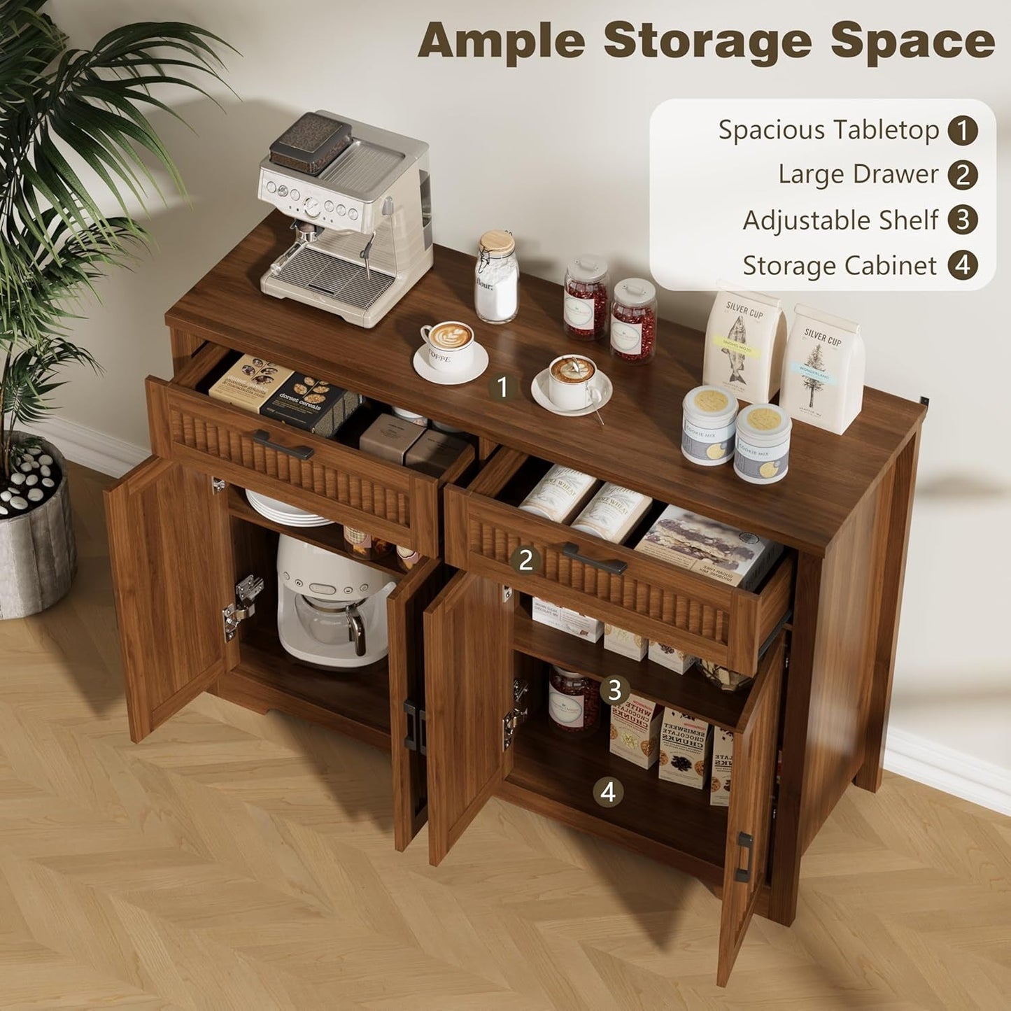 Farmhouse Fluted Walnut Sideboard Cabinet With Drawers