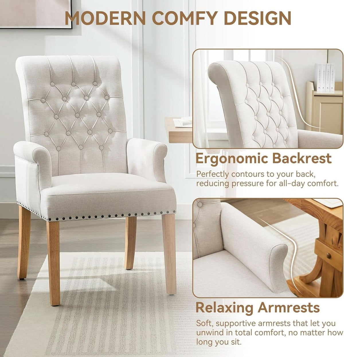 Beige Upholstered Dining Chair With Armrests Tufted