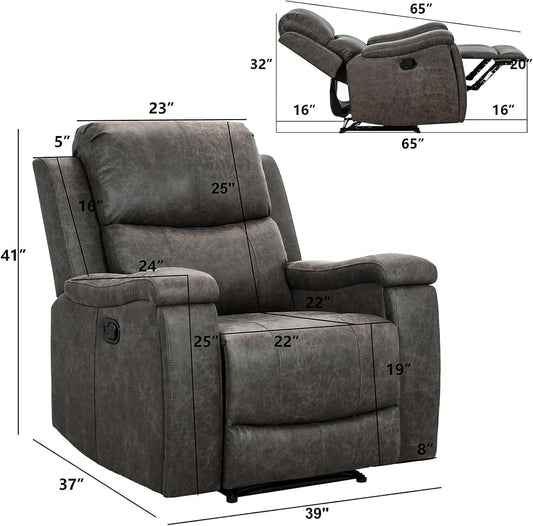 Grey Leather Recliner Chair With Cup Holders Living Room