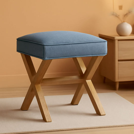 Indigo Blue Upholstered Ottoman Foot Stool 20Wx18Dx18H