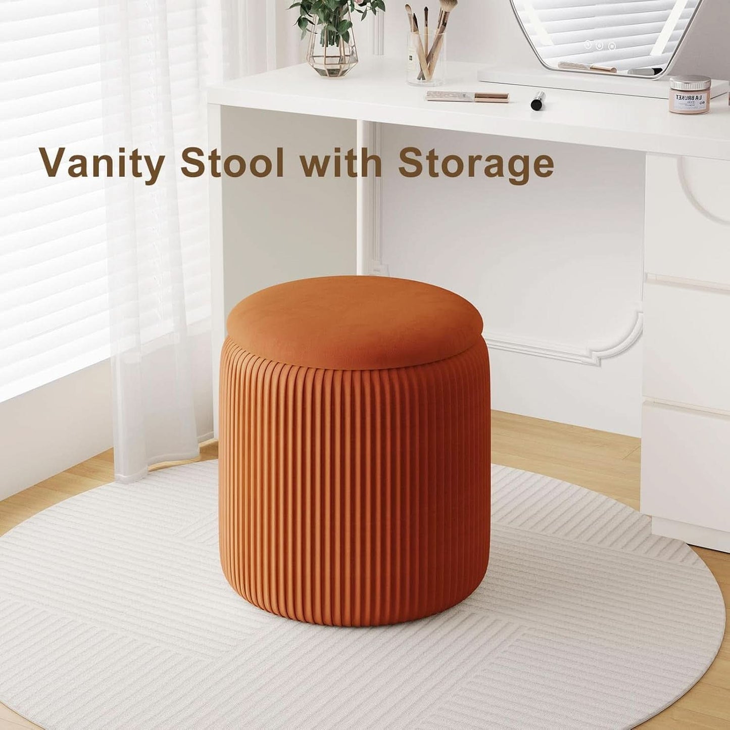 Two Orange Velvet Round Storage Ottoman Multifunction